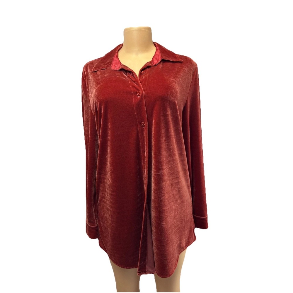 Soft Surroundings Red Velvet Stretch Cotton‎ Long Sleeve Button Up Blouse - SZ M